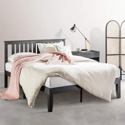 Mellow Marley 14 Inch Solid Wood Platform Bed with Paneled Headboard, Ebony Black, Queen