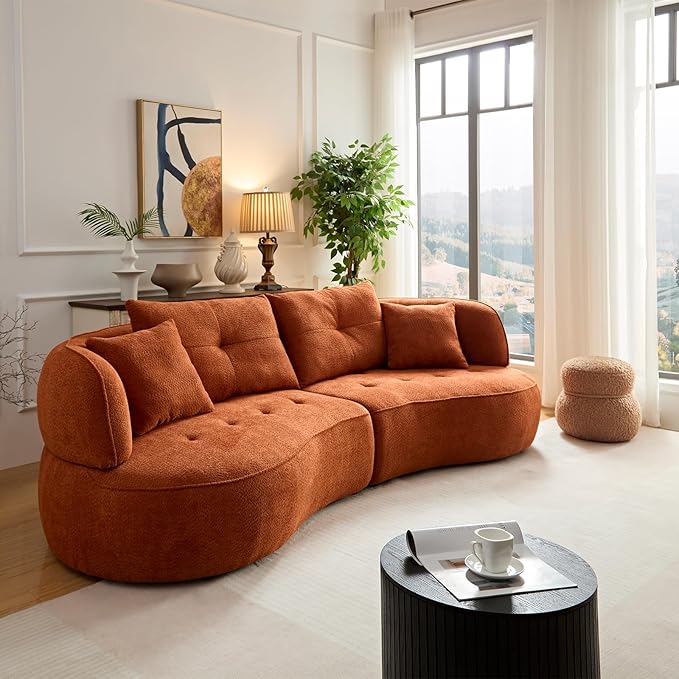 109" Modern Curved Sofa Sectional Couch, Luxury Comfy Boucle Upholstered Couches, Oversized 3 Seater Minimalist Deep Seat Modular Sofas for Living Room,Bedroom, Home Office, Apartment, Orange