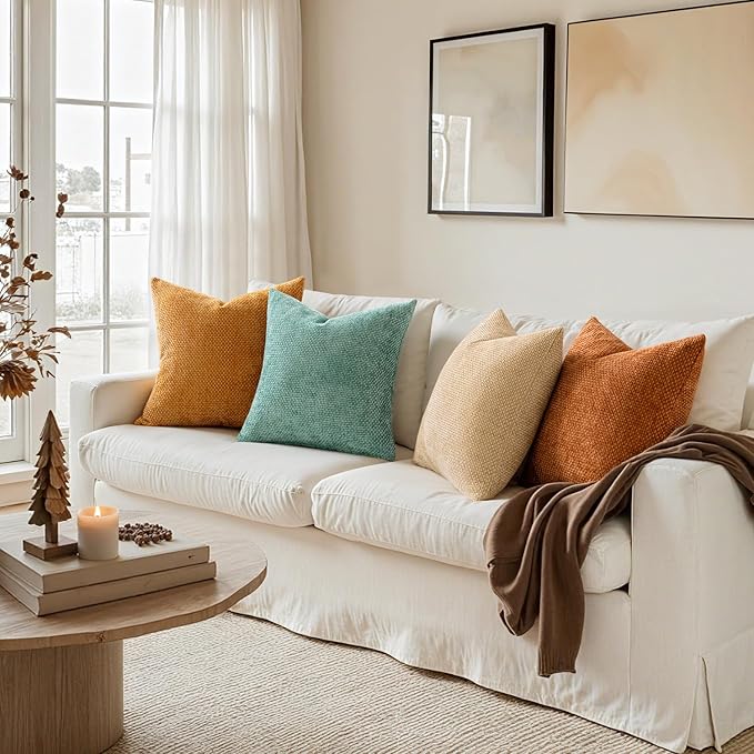 MIULEE Pack of 4 Orange/Teal Throw Pillow Covers 20x20 Inch Yellow Green Soft Decorative Chenille Pillows Farmhouse Accent Cushions for Boho Home Decor Spring Bedroom Living Room