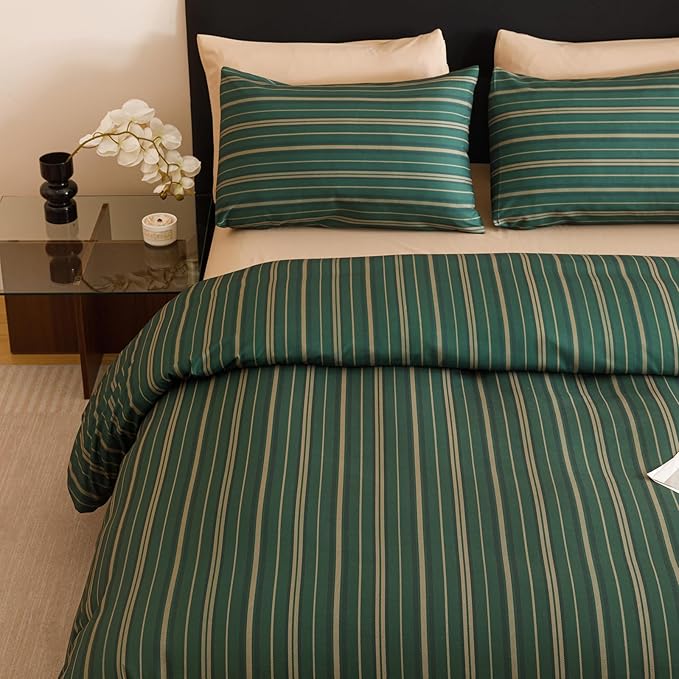 CLOTHKNOW Green Striped Twin/Twin XL Comforter Set 3Pcs Green Khaki Black Bedding Comforter Sets Ticking Farmhouse Comforter with 2 x Pillow Cases