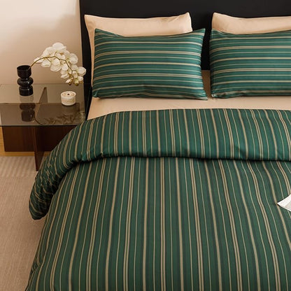 CLOTHKNOW Green Striped King Size Comforter Set 3Pcs Farmhouse Bedding Comforter Sets Ticking Farmhouse Comforter with 2 Pillow Cases