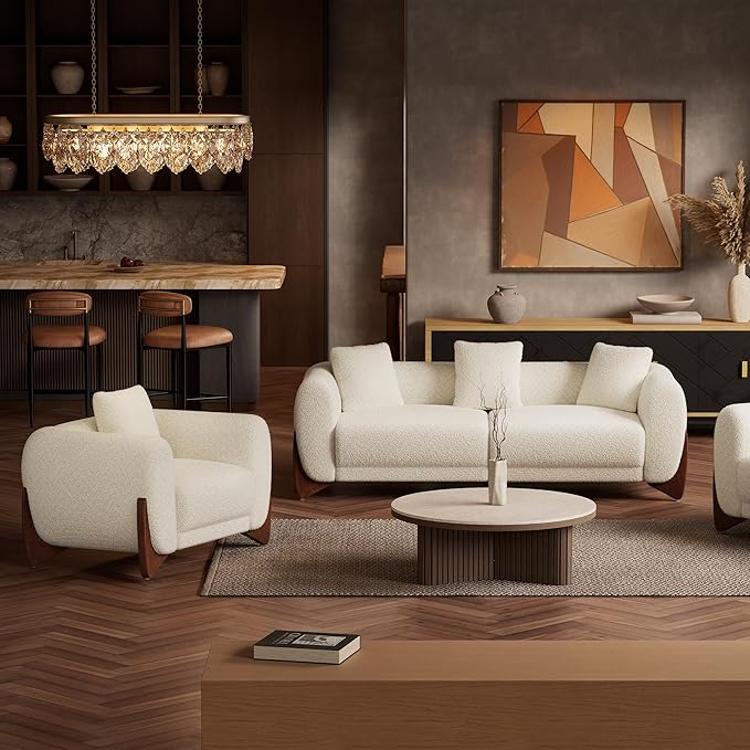 Morden Fort 3 Piece Boucle Sofa Set, Modern Upholstered Couches Sofas Set Durable Comfy Boucle Pet-Friendly, 2 Arm chairs & 3-Seater Sofa Sets for Living Room Bedroom Apartment, Beige