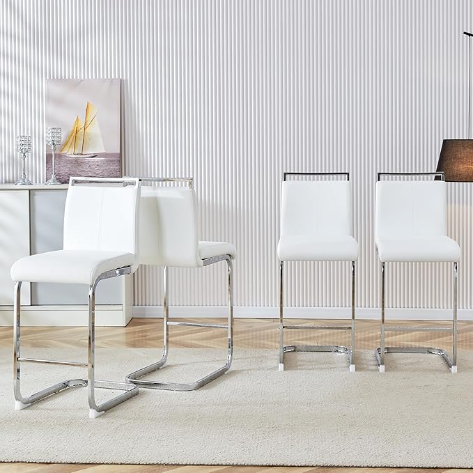 Bar Stools Set of 6,25" Counter Height Bar Stools with Footrest,White Faux Leather Kitchen Stools with Chrome Plated Metal Leg,Counter Height Stools Ideal for Island Pub Kitchen Counter Dining Chair