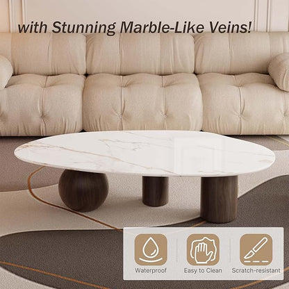 Small Oval Coffee Table, Mid Century Vintage Coffee Table for Living Room White Center Minimalist End Table with Marble Top and Wooden Finished Metal Base