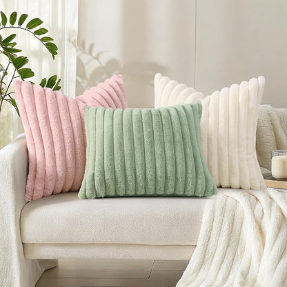 decorUhome Faux Fur Christmas Throw Pillow Covers 26x26 Set of 2, Decorative Soft Plush Striped Neutral Euro Pillow Covers with Velvet Back for Bed, Living Room Home Decor, Cream White