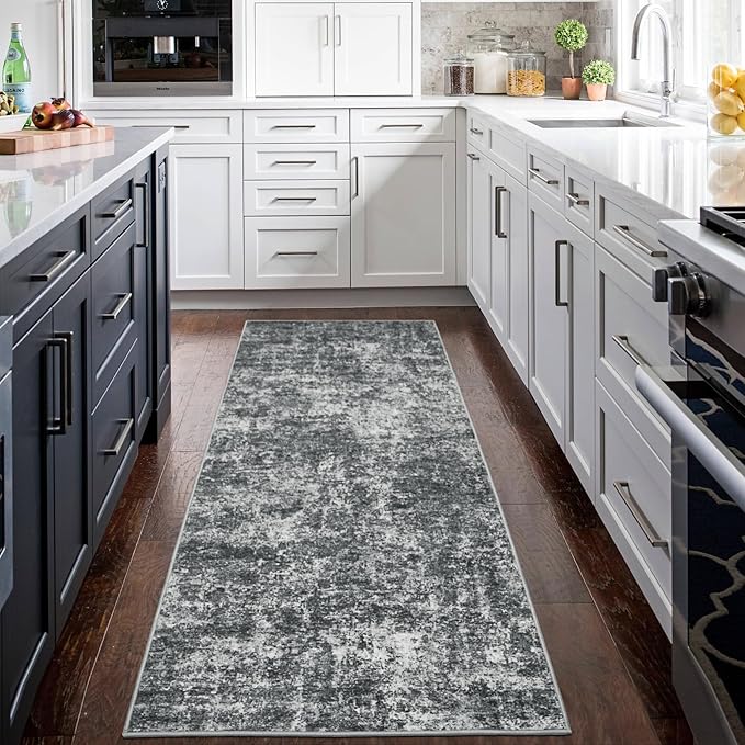 Runner Rug for Hallways Kitchen 2'6"x8' Washable Non Slip: Carpet Non Skid 8ft Entryway Rubber Backed 8 Feet Neutral Abstract Modern Rug Low Pile Pet Friendly Indoor Black Grey