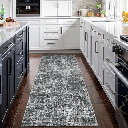 Runner Rug for Hallways Kitchen 2'6"x8' Washable Non Slip: Carpet Non Skid 8ft Entryway Rubber Backed 8 Feet Neutral Abstract Modern Rug Low Pile Pet Friendly Indoor Black Grey