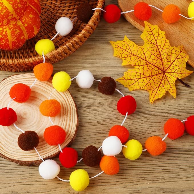 MARFOREVER 4 Pack 26.3 Ft Fall Pom Pom Garlands, Thanksgiving 30 Balls Oange Yellow Fall Felt Ball Garlands Decorations for Autumn Harvest Thanksgiving Day Party Home Classroom Hanging Decor Supplies