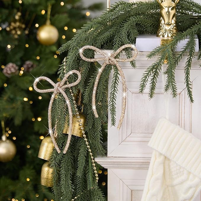 FLAIR GIFTS 6 Pcs 2025 Christmas Bows Ornaments, Champagne Gold Sparkly Glitter Rhinestone Bow Ornaments with Twist Tie for Xmas Tree Decoration, Wreath, Garland, Gift Wrapping