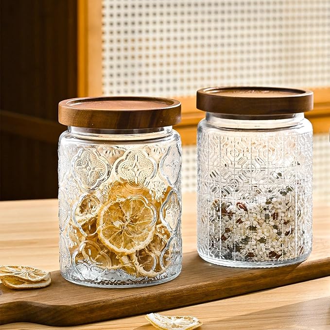 24oz Vintage Glass Canister With Lid Small Glass Jars Wide Mouth Mason Jars Airtight Coffee Canisters Kitchen Storage Containers For Sugar Tea Spice Flour Candy Cookie Cereal Cute Decorative