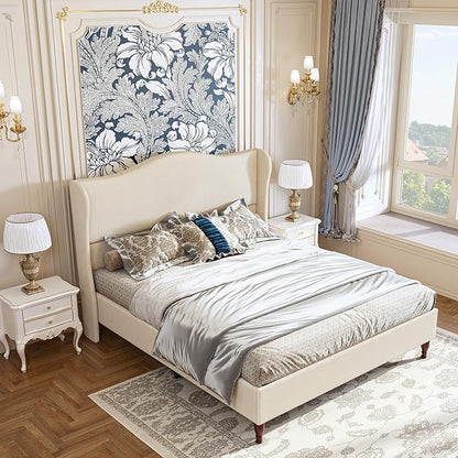Full Size Bed Frame Upholstered Platform Bed with 51" Tall Headboard Wingback, Soft Fabric, Retro Simple Style Platform Bed No Box Spring Needed, Easy Assembly, Beige