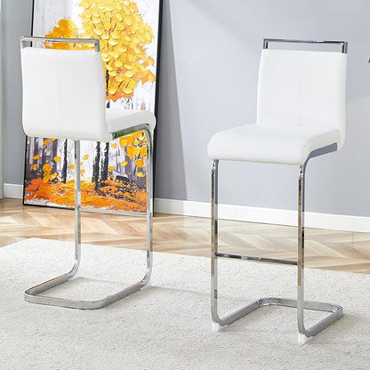 White Bar Stools Set of 2,30" Counter Height Bar Stools with Footrest,White Faux Leather Kitchen Stools with Chrome Plated Metal Leg,Counter Height Stools Ideal for Island Pub Kitchen Counter Dining Chair