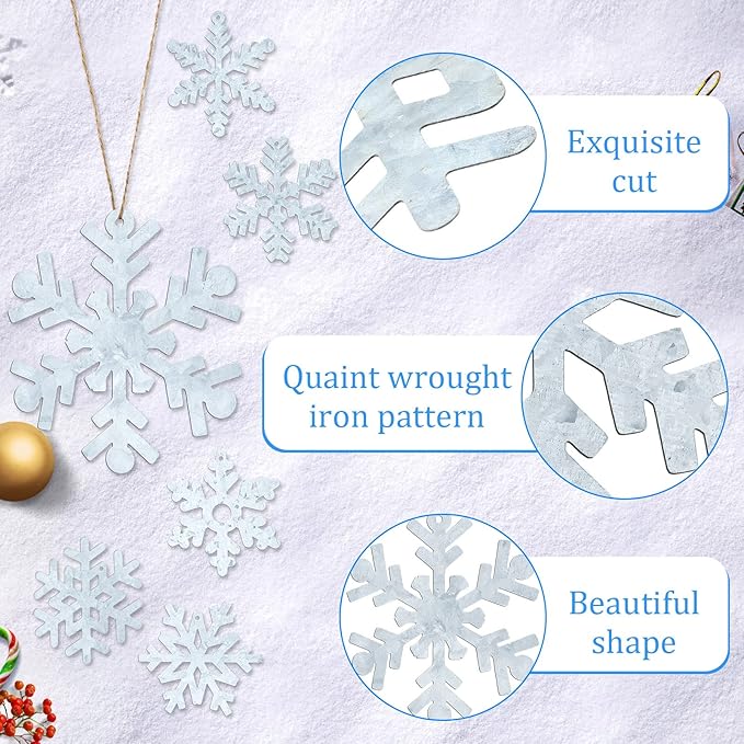 Oudain 6 Pieces Metal Snowflake Ornaments Christmas Galvanized Snowflake Hanging Ornament Farmhouse Snowflake Tree Hanging Decoration for Xmas Winter Party Decor, 5.12 Inch, Silver