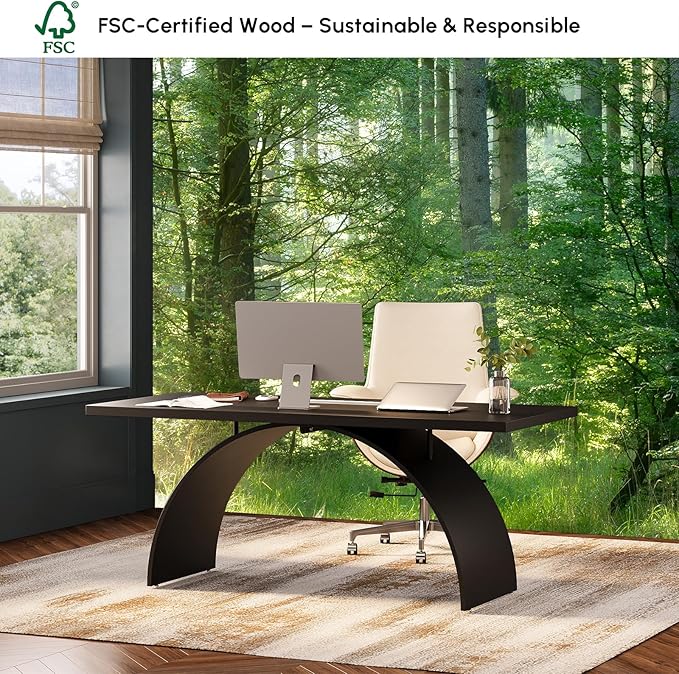 homary 70.9" Industrial Executive Desk, Black Top Desk Modern Home Office Desk with Arched Design Legs for Study, Office, Home Office