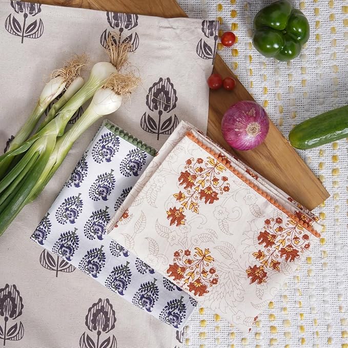 TARAN LIVING Printed Kitchen Dish Bar and Tea Towels Cotton, 18x28 inch with Trims, Cotton Dish Towel Sets (Multicolor Motif, Set of 3)