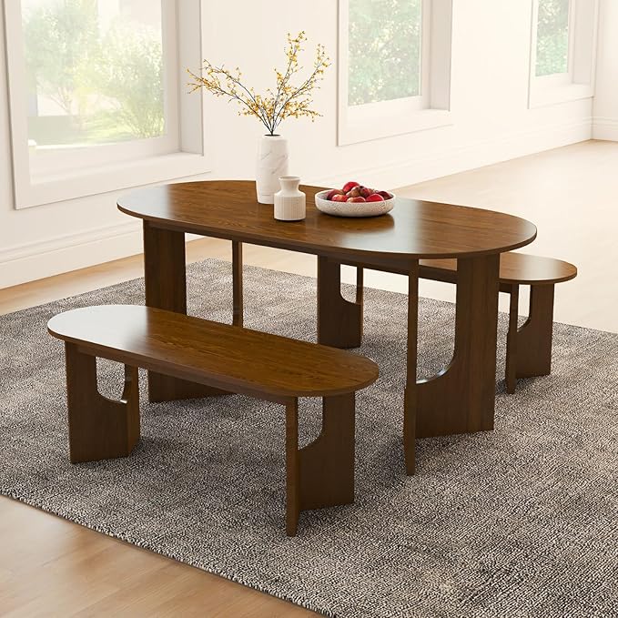 63" Oval Wooden Dining Table, Farmhouse Walnut Kitchen & Dining Room Table for 4-6 Seats, Modern Long Dinner Table with Pedestal Base, Home Desk for Kitchen, Living Room, Medium Walnut