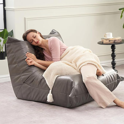 Hobestluk Giant Bean Bag Chair Lazy Floor Sofa, Fireside Sofa for Adults, Big Beanbag Faux Leather Armless Chair for Living Room Bedroom Dorm Office (Grey, Single)