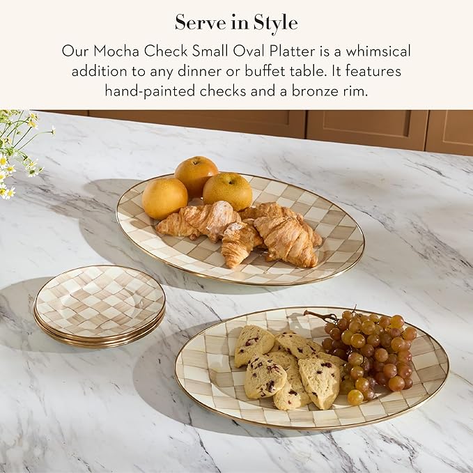 MACKENZIE-CHILDS Enamel Oval Platter, Serving Plate for Entertaining, Small, Brown-and-White Mocha Check