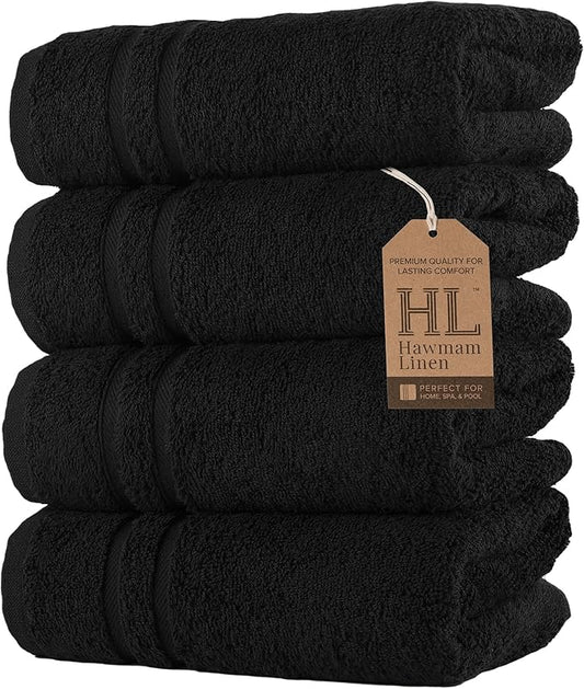 Hawmam Linen Hand Towels 4 Pack Turkish Cotton Premium Quality Soft and Absorbent Small Towels for Bath Towels, Black