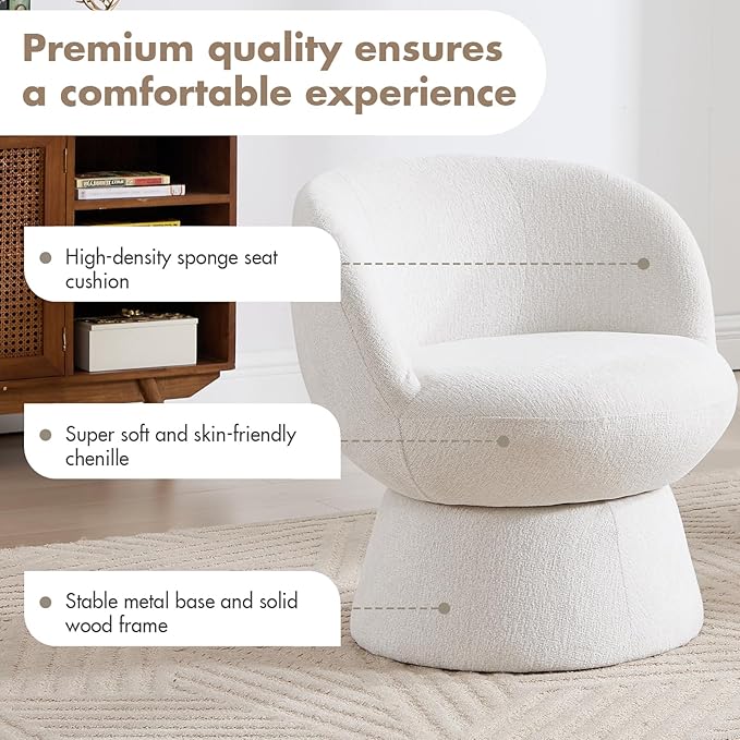 360° Swivel Accent Chairs Set of 2, Modern White Chenille Upholstered Round Barrel Chair with Curved Back, Bucket Vanity Armchair for Small Space,Living Room, Bedroom