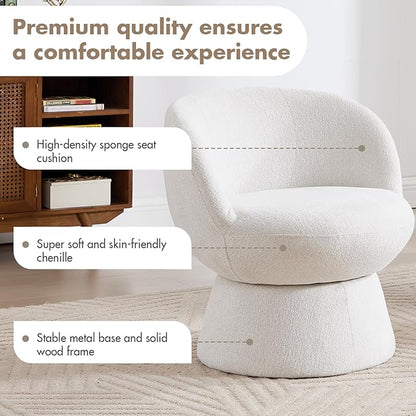 360° Swivel Accent Chairs Set of 2, Modern White Chenille Upholstered Round Barrel Chair with Curved Back, Bucket Vanity Armchair for Small Space,Living Room, Bedroom