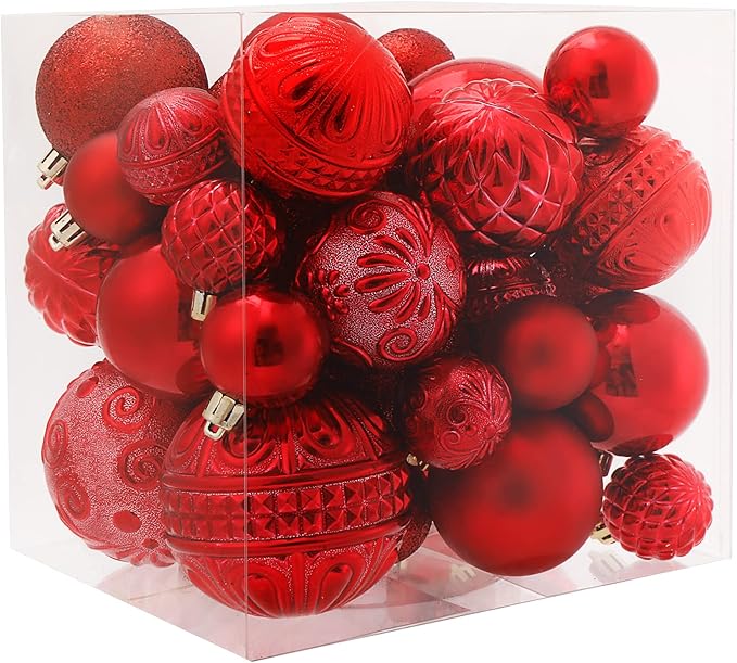 Red Christmas Ball Ornaments Christmas Tree Decorations 36pcs Shatterproof Christmas Ornaments Set with 6 Styles in 3 Sizes(Small Medium Large)