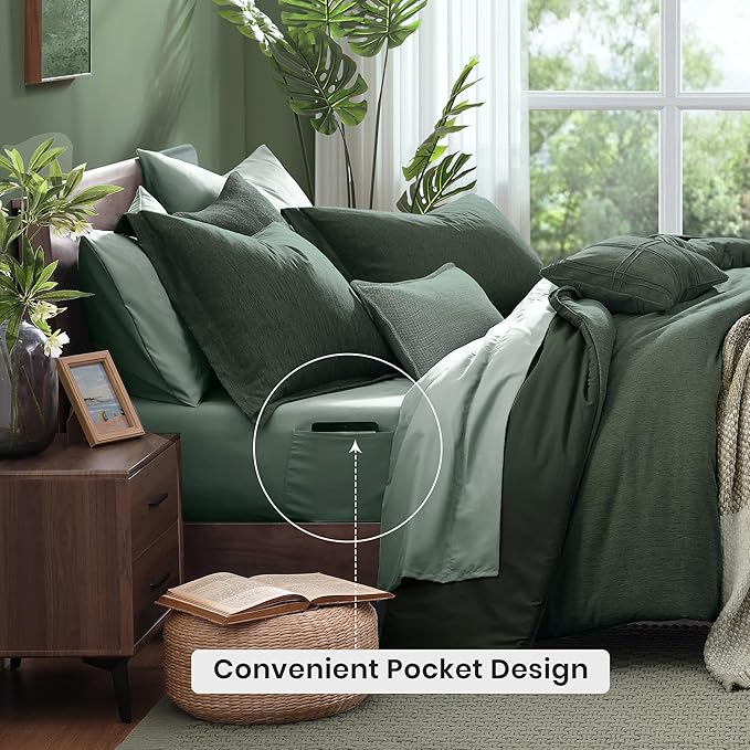 Monbix Queen Comforter Set - 7 Pieces Cationic Dyeing Deep Forest Bed in a Bag Queen Bedding Sets with Comforter, Sheets, Pillowcases & Shams, Reversible Bedding Comforters Sets