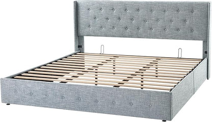 Allewie King Size Lift Up Storage Bed, Button Tufted Headboard with Wingback, Hydraulic Support, No Box Spring Needed, Grey Blue