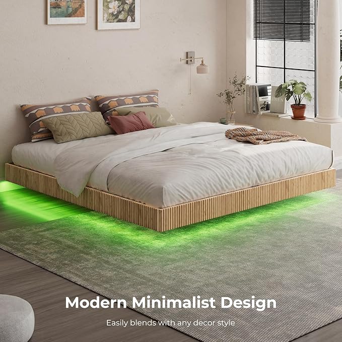 Evermagin Natural King Floating Bed Frame with led Lights, Bohemia Fluted Floating Platform Bed No Headboard, Heavy Duty Metal Float Bedframe No Box Spring Needed