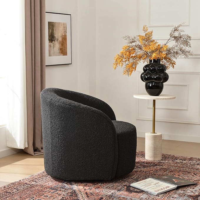 KINWELL 34" W Mid Century Modern Swivel Barrel Chair, Round Upholstered Boucle Swivel Accent Chairs, No Assembly Chair for Living Room Bedroom Reading Apartment Lounge Nursery(Black)