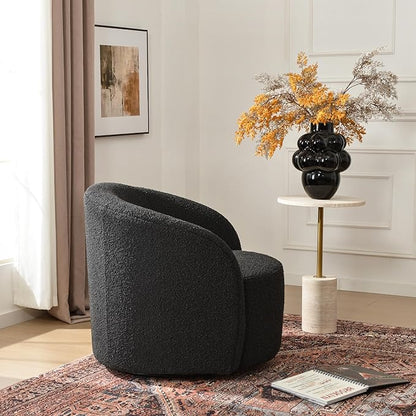 KINWELL 34" W Mid Century Modern Swivel Barrel Chair, Round Upholstered Boucle Swivel Accent Chairs, No Assembly Chair for Living Room Bedroom Reading Apartment Lounge Nursery(Black)