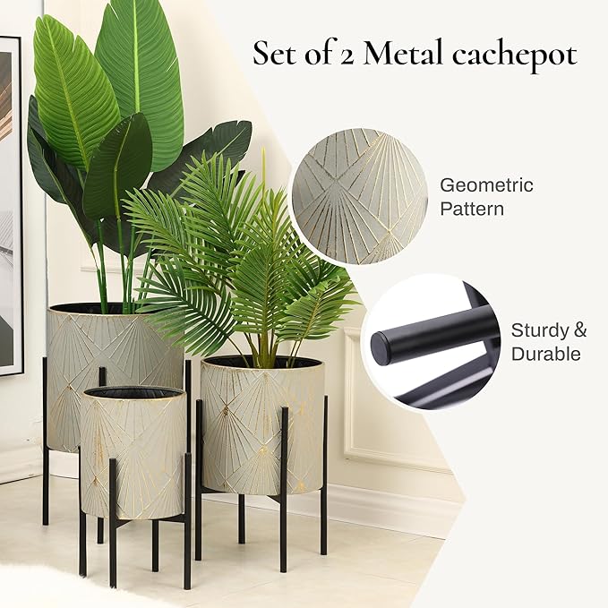 LuxenHome Planters for Indoor Plants, Set of 3 Floor Plants Pots with Stands, Modern Decorative Metal Flower Pots, Distressed Gray and Gold Cachepot Planters, 9.5", 11.87", 14" Inch