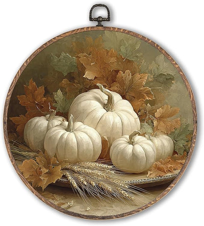 Hxlac Vintage Fall Pumpkin Maple Leaves Round Wall Art Framed, Vintage Autumn Pumpkin Round Wall Decor, Fall Halloween Hanging Canvas Prints Wall Sculptures for Farmhouse Home Decor, 10x10 Inch