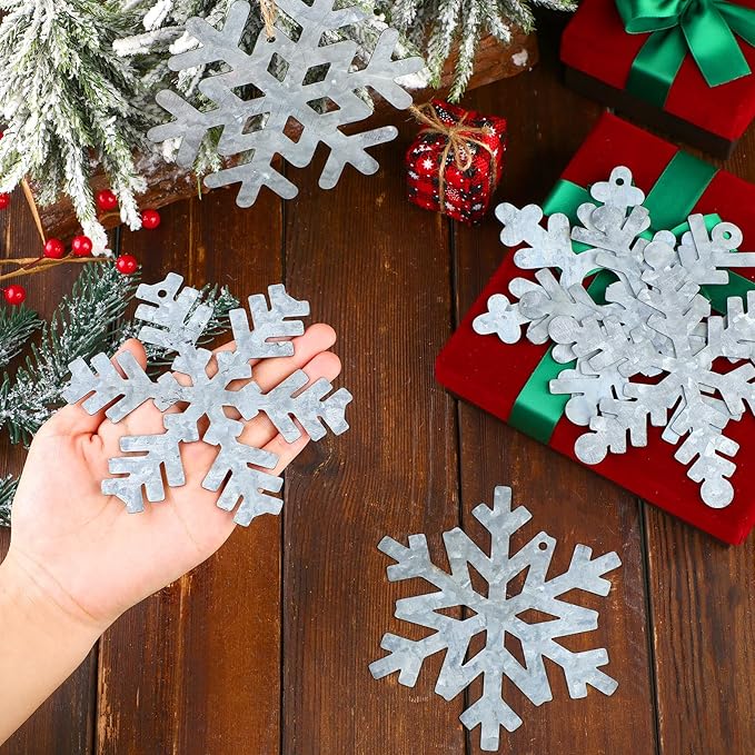Oudain 6 Pieces Metal Snowflake Ornaments Christmas Galvanized Snowflake Hanging Ornament Farmhouse Snowflake Tree Hanging Decoration for Xmas Winter Party Decor, 5.12 Inch, Silver