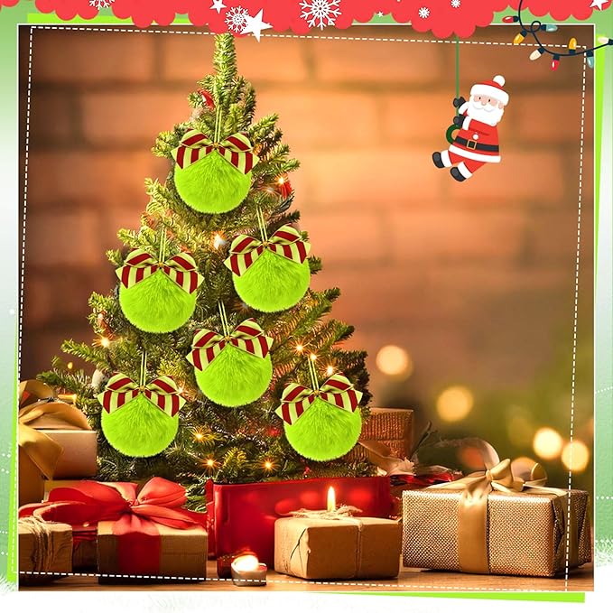 Norme 24-Pack Lime Green Furry Christmas Balls with Bow, 4" Soft Faux Fur Plush Pom Pom Ball Ornaments for Christmas Tree Hanging Decorations Party Fireplace Mantel Wall Decor(Stripe)