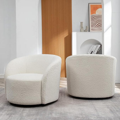 KINWELL 34" W Swivel Barrel Chair Set of 2, Mid Century Modern Round Upholstered Boucle Swivel Accent Chairs, No Assembly Chair for Living Room Bedroom Reading, Cream