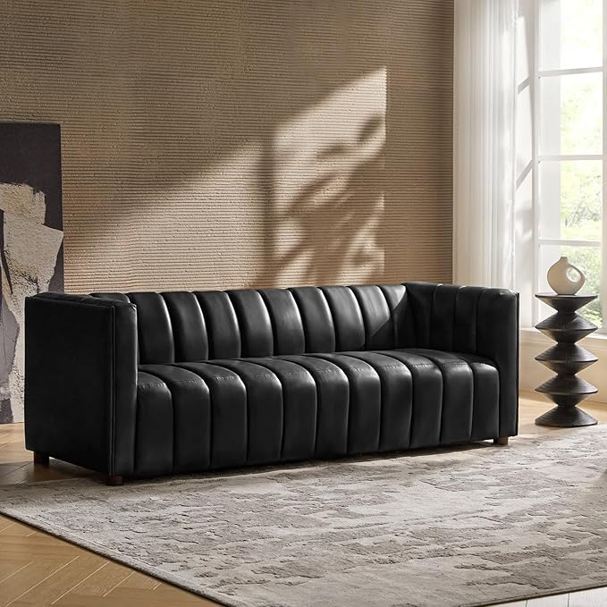 HULALA HOME 83" Genuine Leather Sofa with Channel Tufted Design, 3-Seater Sofa for Living Room Bedroom, Modern Oversized Couch with Wood Legs, Black