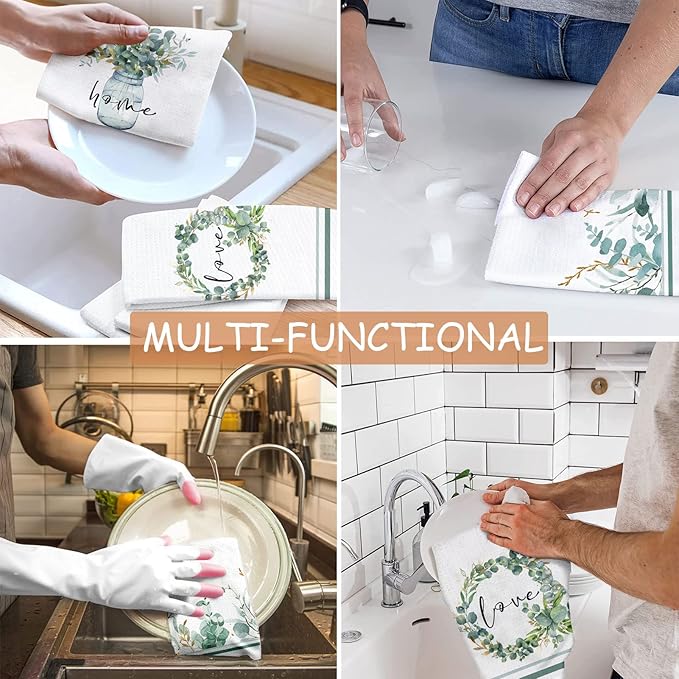 Green Eucalyptus Leaf Kitchen Towels 4 Pack Absorbent Tea Towels 16x24 Inch Dish Towels Green Leaves