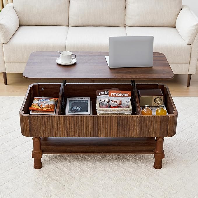 39”Large Lift Top Coffee Table with Hidden Storage Compartment,Fluted Coffee Tables Fully Assembled Wooden Center Table,Mid Century Modern Lift Tabletop Dining Table for Living Room Home Office,Walnut