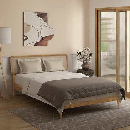 NTC Lupin Wooden Bed Frame with Headboard, Solid Oak and Rubber Wood Foundation with Silent Slats and Wood Central Supports, 1000 Lb Capacity, Queen - Teak Look