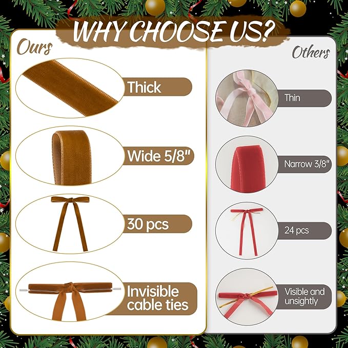 AYGXU 30pcs Velvet Bows for Christmas Tree Decorations,Twist tie Bows,Vintage Christmas Bow Decor,premade Bow for Gift Wrapping,Table,Garland,Fireplace Decor.Brown(5/8" W,5.1 * 7in)