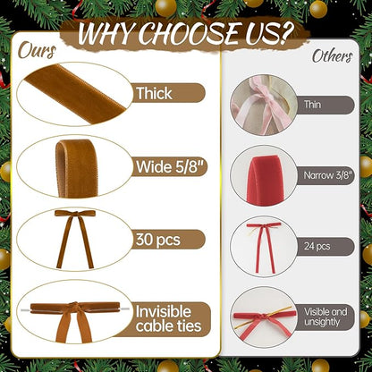 AYGXU 30pcs Velvet Bows for Christmas Tree Decorations,Twist tie Bows,Vintage Christmas Bow Decor,premade Bow for Gift Wrapping,Table,Garland,Fireplace Decor.Brown(5/8" W,5.1 * 7in)