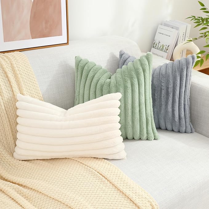 decorUhome Faux Fur Throw Pillow Covers 26x26 Set of 2, Decorative Soft Plush Striped Neutral Euro Pillow Covers with Velvet Back for Bed, Living Room Home Decor, Grey