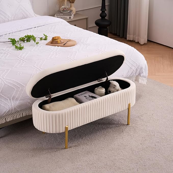 Velvet Storage Bench for Bedroom Upholstered End of Bed Bench Modern Ottoman with Gold Legs for Living Room/Window/Entryway (Ivory White, Oval-45.5" W)