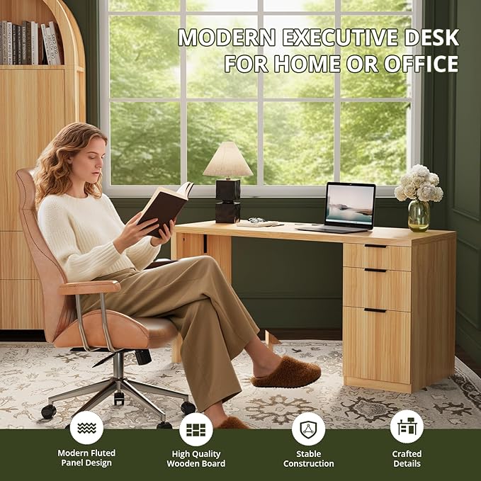 FURSUN 58" Modern Executive Desk with Storage, Home Office Desk with Drawer & Cabinet, Wooden Fluted Desk for Study, Living Room, Bedroom, Natural Oak