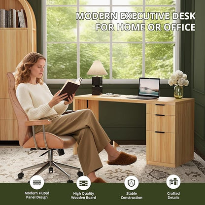 FURSUN 58" Modern Executive Desk with Storage, Home Office Desk with Drawer & Cabinet, Wooden Fluted Desk for Study, Living Room, Bedroom, Natural Oak