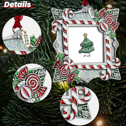 2025 Christmas Ornaments 2 inch Picture Frame Metal Hanging Pendant for Tree Small Decorative Keepsake, Display Photo for Baby and Pet (Candy Silver (2025))