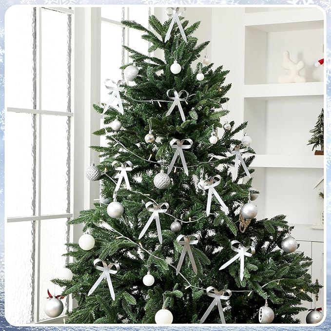 12 Pcs 2025 Metal Christmas Bow Ornaments for Christmas Tree Garland Wreath Bulk Bow with Clip Ornament Vintage Indoor Outdoor Home Xmas Party Decorations, 4 x 5 Inches (Silver)
