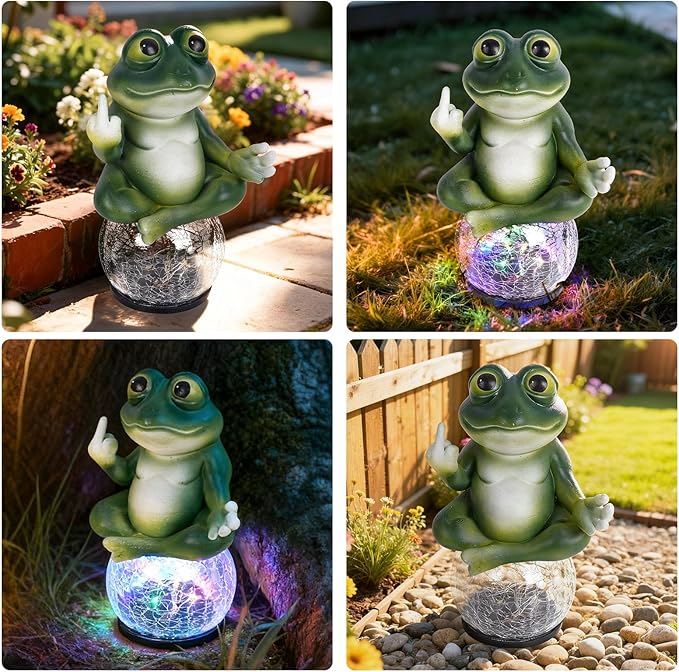 Meditating Frog Solar Garden Statue with Crackle Glass LED Light - Humorous Zen Yoga Animal Decor - Funny Gag Gifts for Patio Lawn and Pool Area - Christmas House Warming Gifts New Home