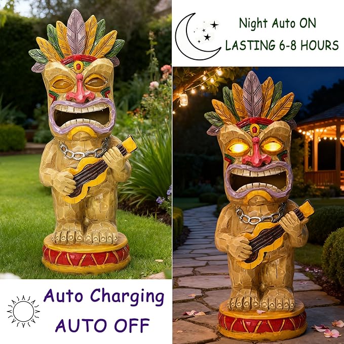 Solar Tiki Garden Statue with LED Eyes Outdoor Resin Ukulele Player Yard Decor Solar Light Hawaiian Style Lawn for Patio Porch Lawn Tiki Bar or Tiki Lover Funny Gifts